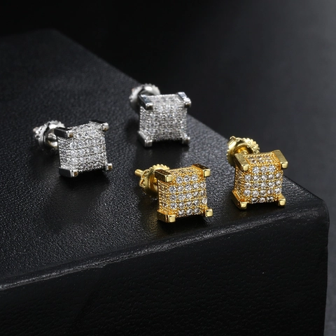 Hip Hop Square Stud Earrings Copper With Cubic Zirconia And Silver Earring Post Iced Out Punk Streetwear Jewelry For Men