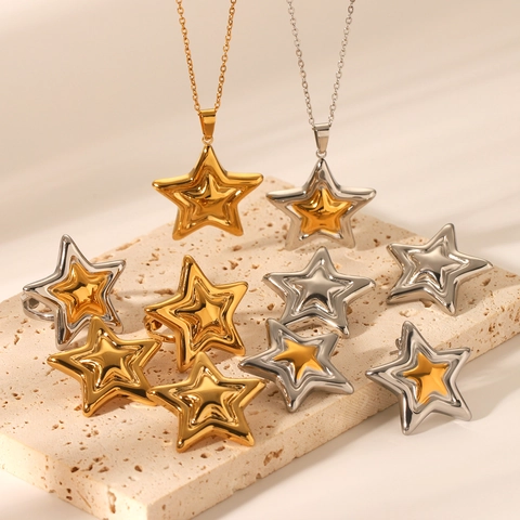 Stainless Steel 3D Star Pendant Necklace Geometric Gold Silver Two Tone Ring Earrings Fashion Jewelry For Women