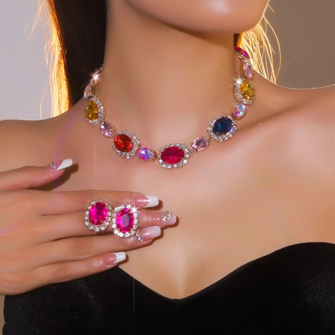 Ensemble de Bijoux de Luxe Vintage avec Strass en Verre Multicolore pour Femmes Collier et Boucles d'Oreilles Floraux en Alliage