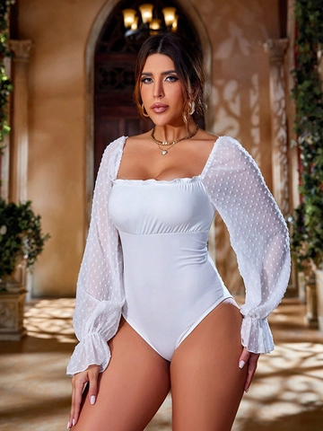 Women White Bodysuit Square Neck Mesh Swiss Dot Long Sleeves Lace Up Back Patchwork Casual Elegant Top