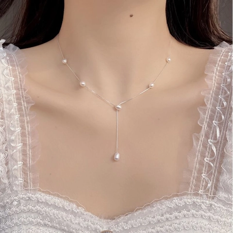 Collier En Argent Sterling 925 Avec Perles D'eau Douce En Forme De Y Gland Élégant Bijoux Longue Chaîne