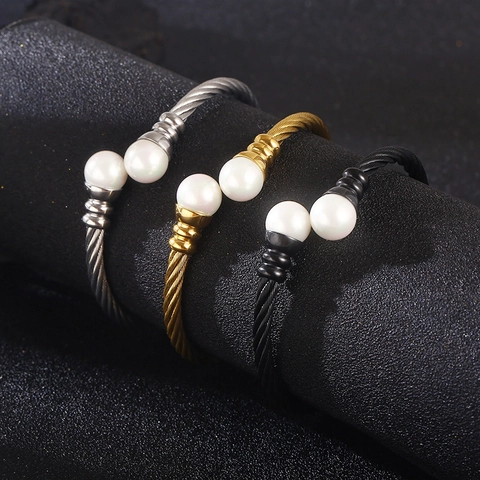 Bracciale A Cavo Torsolo In Acciaio Inossidabile Polsino Aperto Con Estremità In Perla Artificial Gioiello Unisex Minimalista