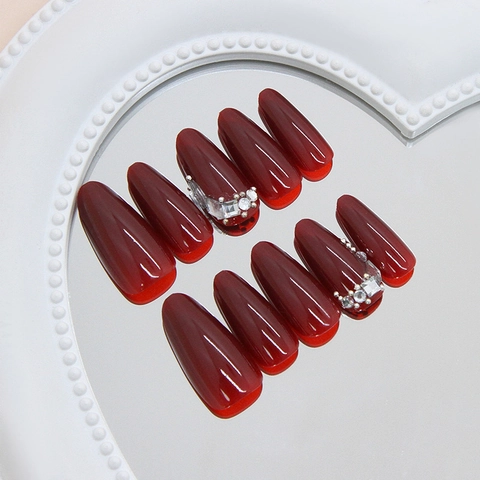 Handmade Wine Red Press On Nails Almond Shape Reusable False Nails Rhinestone Pearl Decoration Vintage Luxury Nails