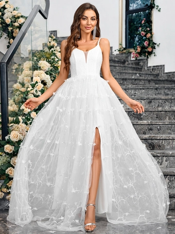 Women Elegant Deep V-Neck Spaghetti Strap White Lace Wedding Dress 3D Floral Embroidery Mesh High Slit Backless Evening Gown