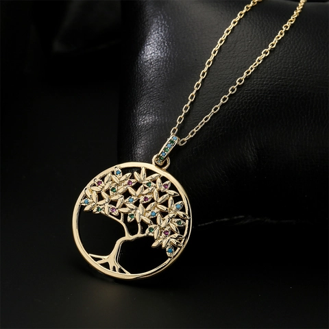 Collana Pendente Albero Della Vita Rame Placcato Oro 18K Zirconi Colorati Gioielli Per Donna Elegante