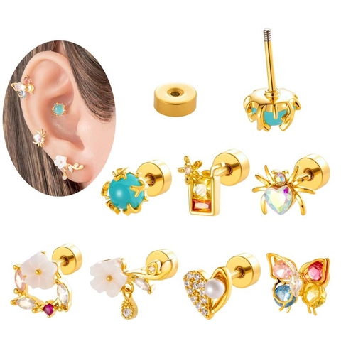 Zircon Cartilage Ear Studs Titanium Steel Screw Back Butterfly Spider Flower Heart Piercing Jewelry Fashion Accessory