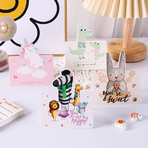 Cartoon Animal Greeting Cards White Cardboard Foldable Cutout Rabbit Bear Deer Birthday Valentine Day Gift Message Cute