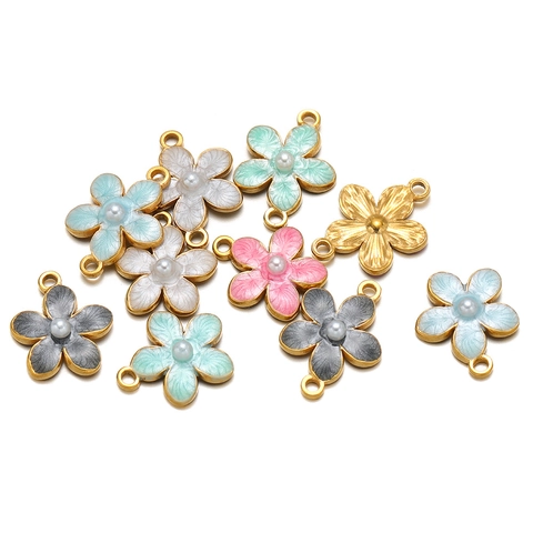Flower Pendants Charms Stainless Steel Gold Plated Enamel Floral With Faux Artificial Pearl DIY Jewelry Making Accessory For Necklace