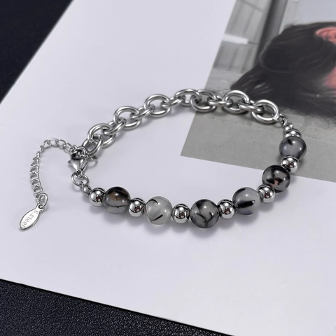 Stainless Steel Natural Stone Bead Splicing Bracelet Chunky Chain Industrial Style Jewelry For Men And Women Unisex