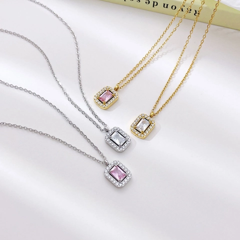 Rectangle Zircon Pendant Necklace Stainless Steel Emerald Cut Halo Clavicle Chain Minimalist Jewelry For Women
