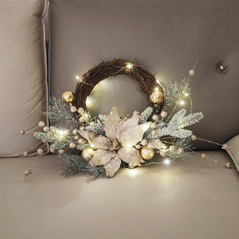 Christmas Wreath Artificial Golden Flower Pine Needle Cone Rattan Ring Front Door Hanging Decoration LED Festive Ornament