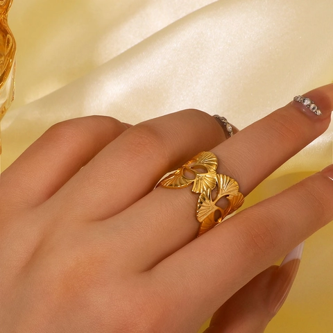 Ginkgo Leaf Hollow Ring Stainless Steel 18K Gold Plated Open Adjustable Elegant Jewelry For Women Hypoallergenic