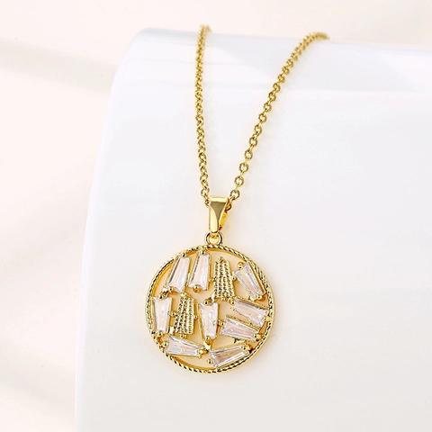 Collar Con Colgante Redondo Geométrico De Acero Inoxidable Chapado En Oro Al Vacío Con Circonitas Joyería De Moda
