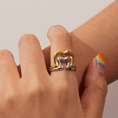 Anello a Onda Cuore Bicolore Acciaio Inossidabile Placcato Oro 18K Anello Liquido Aperto Regolabile per Donna Gioielli Moderni