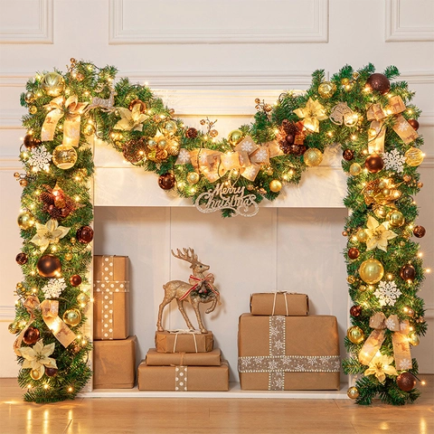 Christmas Garland With Warm LED Lights Artificial Pine Rattan Decorated With Bows Flowers Ornaments For Fireplace Mantle Stair Holiday Decor