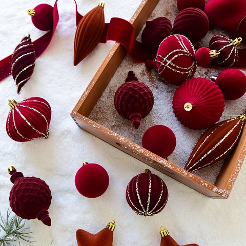 Christmas Tree Hanging Ornaments Velvet Flocked Plastic Balls Stars Drops For Holiday Party Home Decoration Elegant Vintage Style