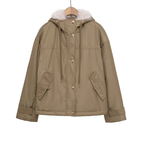 Women Short Hooded Parka Jacket With Faux Fur Collar Utility Drawstring Waist Solid Color Casual Outerwear