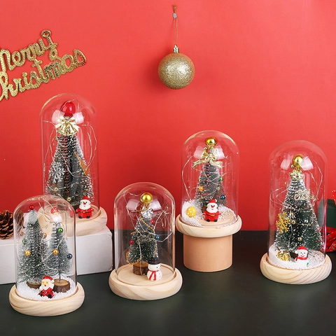 Sapin De Noël Dôme En Verre Lumière LED Socle En Bois Ornement Lumineux Décoration De Table Cadeau Festif