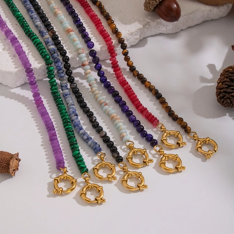 Natural Stone Beaded Necklace With Stainless Steel Findings 18K Gold Plated Vintage Palace Style Waterproof Niche Jewelry For Women