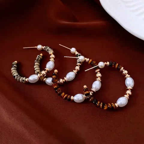 Vintage C Shaped Hoop Earrings With Tiger Eye Faux Artificial Pearl Brass And Silver Earring Post Retro Geometric For Women