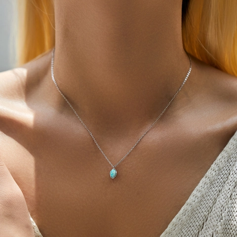 925 Sterling Silber Halskette Mit Ovalem Blauem Opal Und 5A Zirkon Minimalistische Elegante Mode Schlüsselbeinkette Für Damen