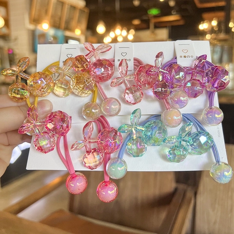 Iridescent Cherry Hair Ties Acrylic Crystal Elastic Ponytail Holders Korean Style Sweet Accessories For Kids Girls