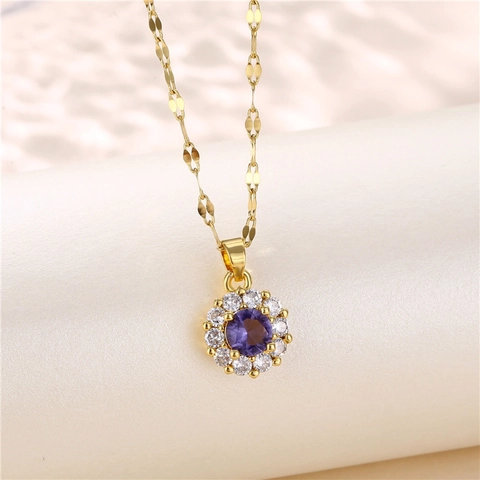 Collana Con Pendente A Fiore Catena In Acciaio Inossidabile Ottone Placcato Oro Zircone Viola Gioielli Eleganti Da Donna