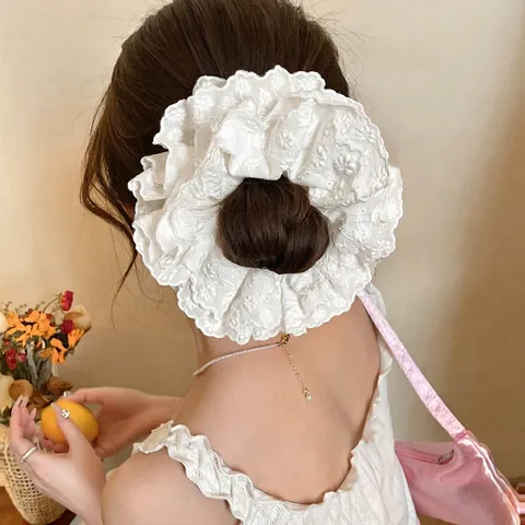 Chouchou Élégant En Dentelle Blanche Élastique À Cheveux Fleur Brodée Pour Femmes Accessoires De Coiffure Style Français