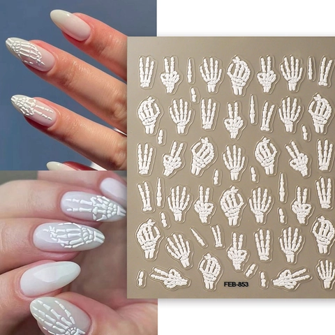 Halloween 5D Reliëf Nagelkunst Stickers Wit Skelet Hand Geest Gematteerd Gotisch Waterdichte Decals