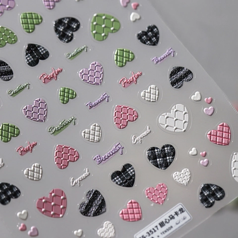 Pegatinas De Uñas 5D Relieve PET Autoadhesivas Patrón Corazón Plaid Color Macaron Decoración Manicura