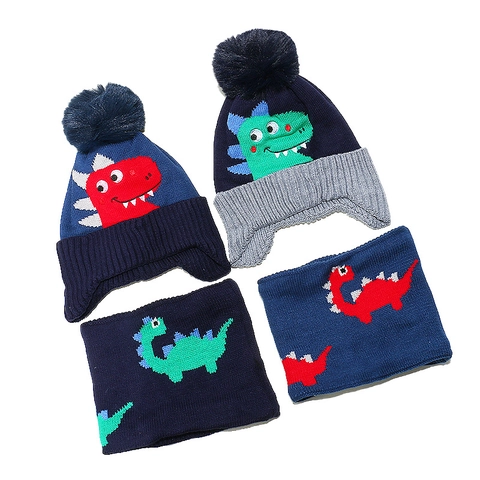 Cappello In Maglia E Sciarpa Bambini Acrilico Inverno Caldo Dinosauro Cartone Animato Pom Pom Protezione Orecchie Ragazzi