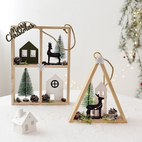 Weihnachtsdekoration Holz Miniatur Haus Nordischer Stil Wand Fenster Festliches Dekor Tannenzapfen Metalldrahtrahmen