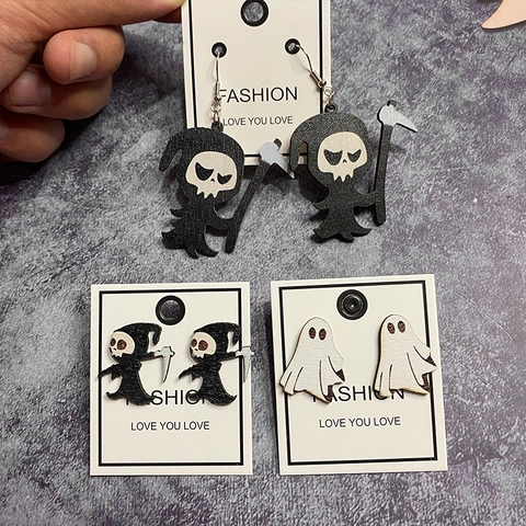 Boucles D'oreilles En Bois Halloween Faucheuse Fantôme Crâne Gothique Sombre Nouveauté Bijoux Pour Femmes Et Filles