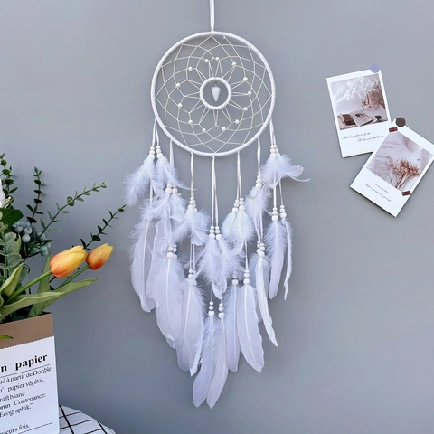 Bohemian Dream Catcher Wall Hanging Decor With Feather Beads Cat Eye Stone Pendant Handmade Indian Style Home Ornament