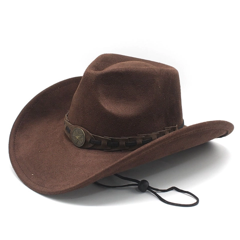 Cappello Da Cowboy Occidentale Camoscio Feltro Tesa Larga Fibbia A Stella Vintage Corda Antivento Regolabile Unisex