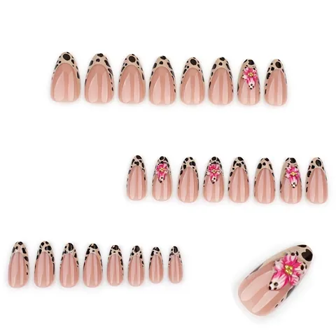 Press On Nails French Leopard Print Tips Almond Shape 3D Flower Decorative Plastic False Nails For Women