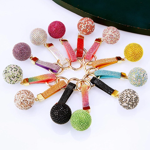 Sparkling Rhinestone Ball Keychain Glitter Strap Gold Metal Clasp Bag Pendant Car Key Ring Decoration Jewelry For Women