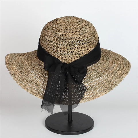 Women Elegant Wide Brim Straw Sun Hat Natural Raffia Woven Beach Vacation Cap With Black Ribbon Bow Foldable Breathable