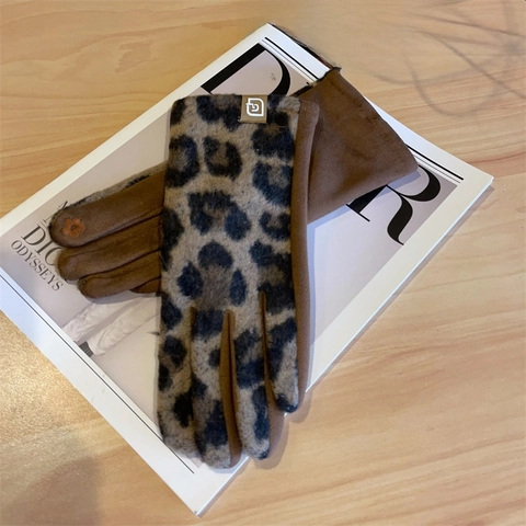 Women Leopard Print Suede Warm Gloves Winter Windproof Touch Screen Cotton Thickened Outdoor Driving Mittens