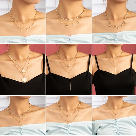 Collar de Varias Capas Oro con Colgante Estrella Luna para Mujer Strass Perla Artificial Moneda Corazón Flecos Joyería