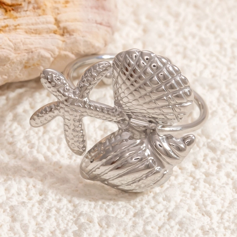 Anello Aperto Regolabile in Acciaio Inossidabile Personalizzato con Stella Marina Conchiglia e Texture Martellata per Uomo e Donna Gioielli di Moda Impermeabili in Stile INS