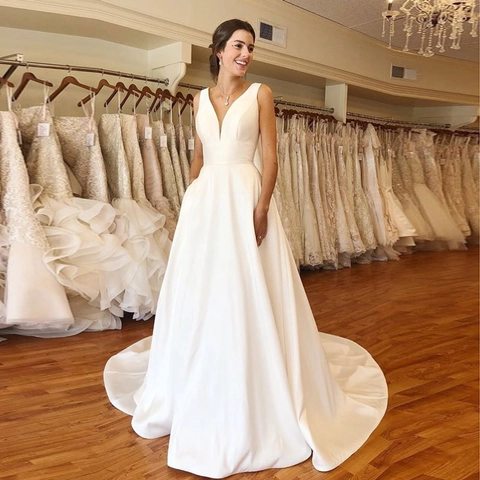 Elegante Vestido De Novia De Satén Línea A Cuello En V Sin Mangas Vestido De Boda Largo Tren Para Mujeres Boda Fiesta Recepción Formal