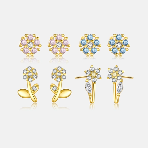 Orecchini A Lobo Con Fiori E Fiocchi Di Neve Per Donna Con Perno In Argento 925 Lega Placcata Oro 18K E Zircone
