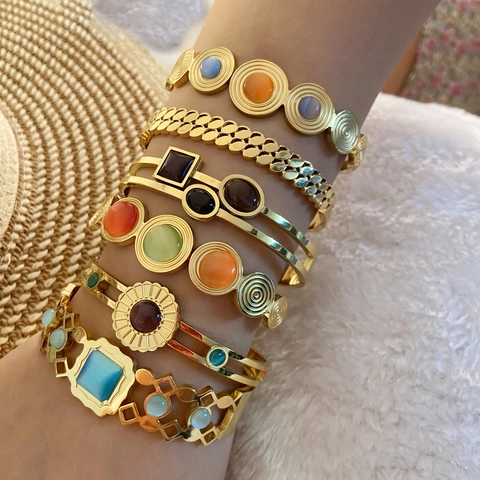Bracciale Rigido Vintage In Acciaio Inossidabile Per Donna Placcato Oro Con Pietra Occhio Di Gatto Sintetica Bohemien
