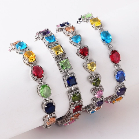 Kleurrijke Zirkonia Armband Messing Met 18K Vergulden Regenboog Geometrische Mode Sieraden Voor Dames