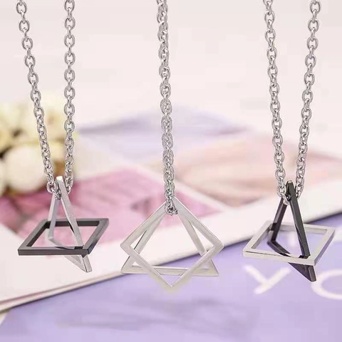 Interlocking Geometric Pendant Necklace Titanium Steel Hip Hop Punk Square Triangle Box Chain For Men Women