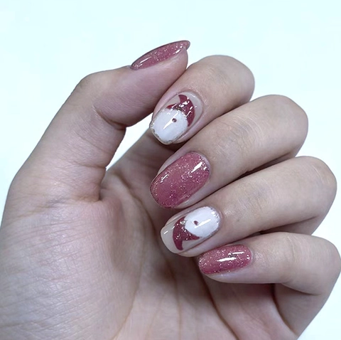 Christmas Santa Claus Snowflake Press On Nails Pink Glitter French Style False Nails For Women Winter Holiday Party