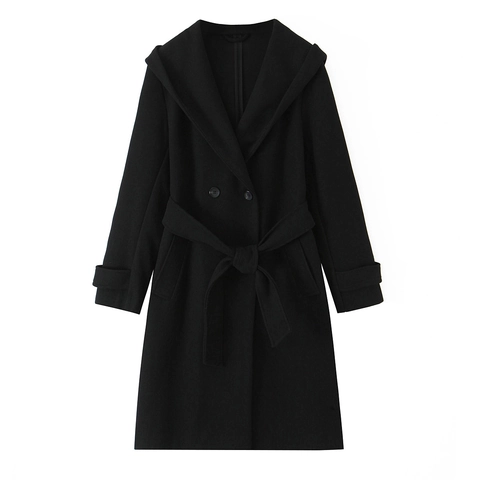 Dames Lange Jas Met Capuchon Wollen Look Dubbele Rij Knopen Met Riem Losse Casual Elegante Winterjas