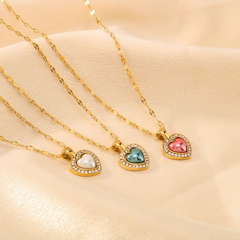 Herz Anhänger Halskette Edelstahl 18K Vergoldet Buntes Emaille Strass Halo Modeschmuck Für Damen