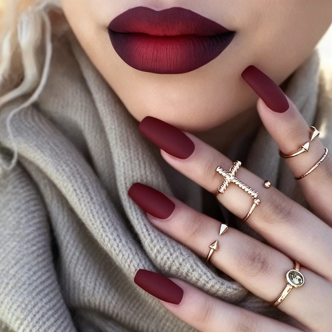 Uñas Postizas A Presión Color Rojo Vino Mate Forma Ballerina Ataúd Plástico ABS Cobertura Completa Para Mujeres Estilo Chic